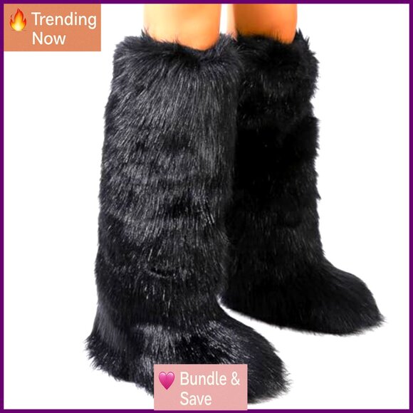 Women's Knee High Faux Fur Boots Winter Flat Snow Boots Warm Fuzzy - Picture 8 of 8
